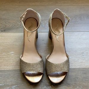 Nina Gold Glitter Fabric Block Heel - Size 10